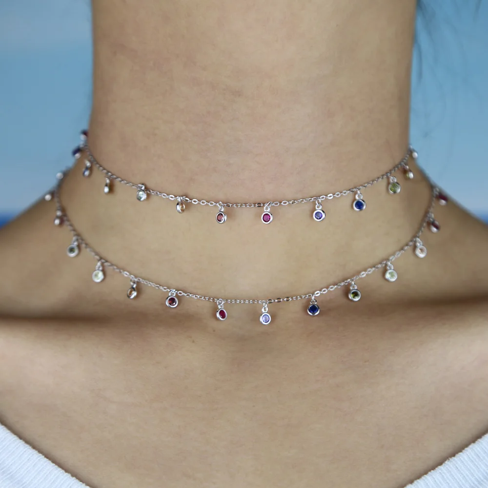 925 Sterling Silver Dainty CZ Round Bezel Drip Chandalier Layering Necklace Gold Filled Delicate Rainbow Cz Choker Jewelry