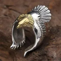 Buyee 925 Sterling Silver Unique Big Ring Finger Cute Golden Eagle Head Open Ring for Men Women Punk Animal Fine Jewelry Circle