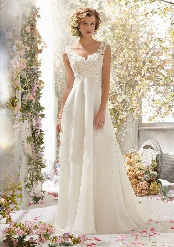 Classic Una Linea di abito da sposa con scollo a v abito da sposa senza maniche bianco/avorio cerimonia nuziale del treno della coda vestito chiesa di applique del merletto abito da sposa