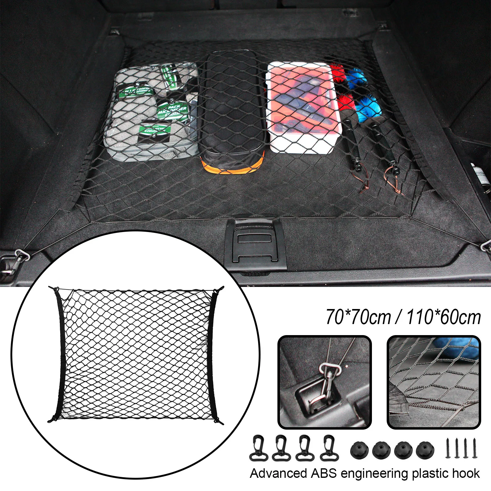 2pcs/set Car Trunk Rear Storage Cargo Luggage Holder With 4 Plastic Hooks Pocket For Van Pickup SUV MPV Mesh Nylon Elastic Net