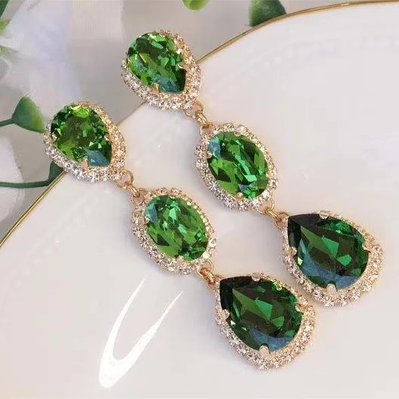 Elegant Long Green Water Drop Crystal Stud Earrings Inlaid White Rhinestone Zircon for Women Party Wedding Jewelry