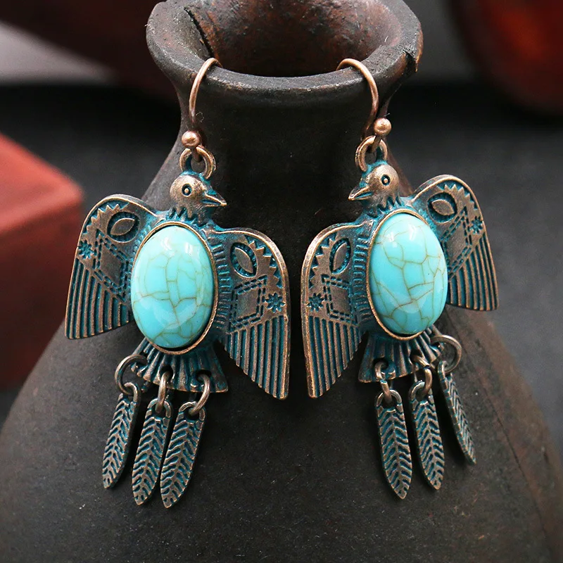 Boho Ethnic Turquoises Dangle Earrings Brincos Metal Green Antique Bronze Pigeon Shape Earring For Women