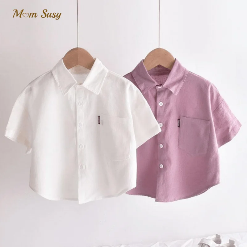 Baby Boy Linen Shirt Solid Color White Pink Infant Toddler Child Shirt Short Sleeve Kid Outfit Baby Clothes 1-10Y