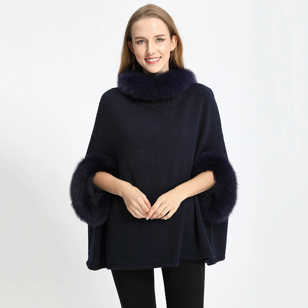 Autumn Women Knitted Poncho With Real Fox Fur Collar Cuff Fashion Casual Genuine Wool Warm Pullover Sweater Jumper Wholesale