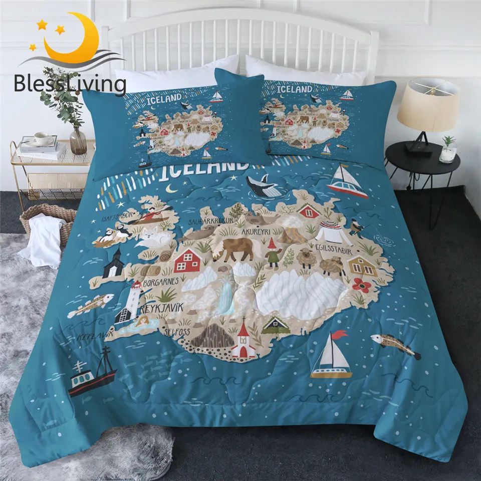 

BlessLiving Map Summer Quilt Set Icelandic Landmark Cool Blanket Tourism Queen Bedding Local Customs Home Decorations Dropship