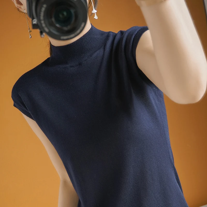 Women Silk Solid Color Tops 2021 Classic Summer Wild T-shirts Female Basic Loose Fashion Turtleneck Sleeveless Chiffon Shirt