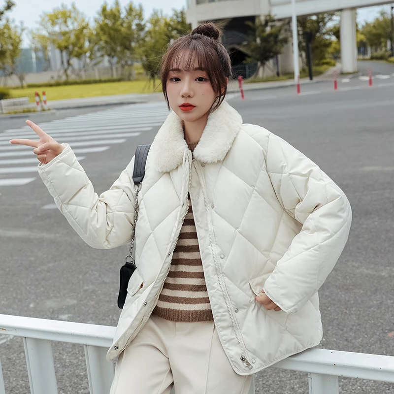New winter coat women's coat women's warmth fashion big fur collar coat short thick parka coat Korean loose diamond check coat