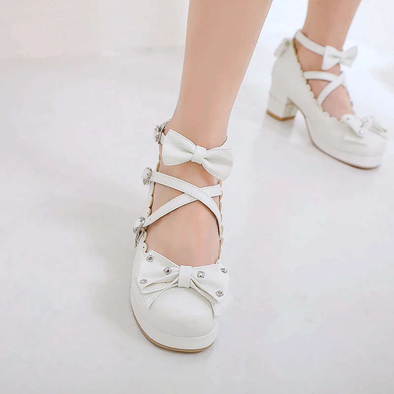 Women Lolita Cosplay Shoes Girls Bows Sweet Chunky Cross Strap Block Heel Mary Jane Pumps Cloth Inner Japanese Harajuku Style