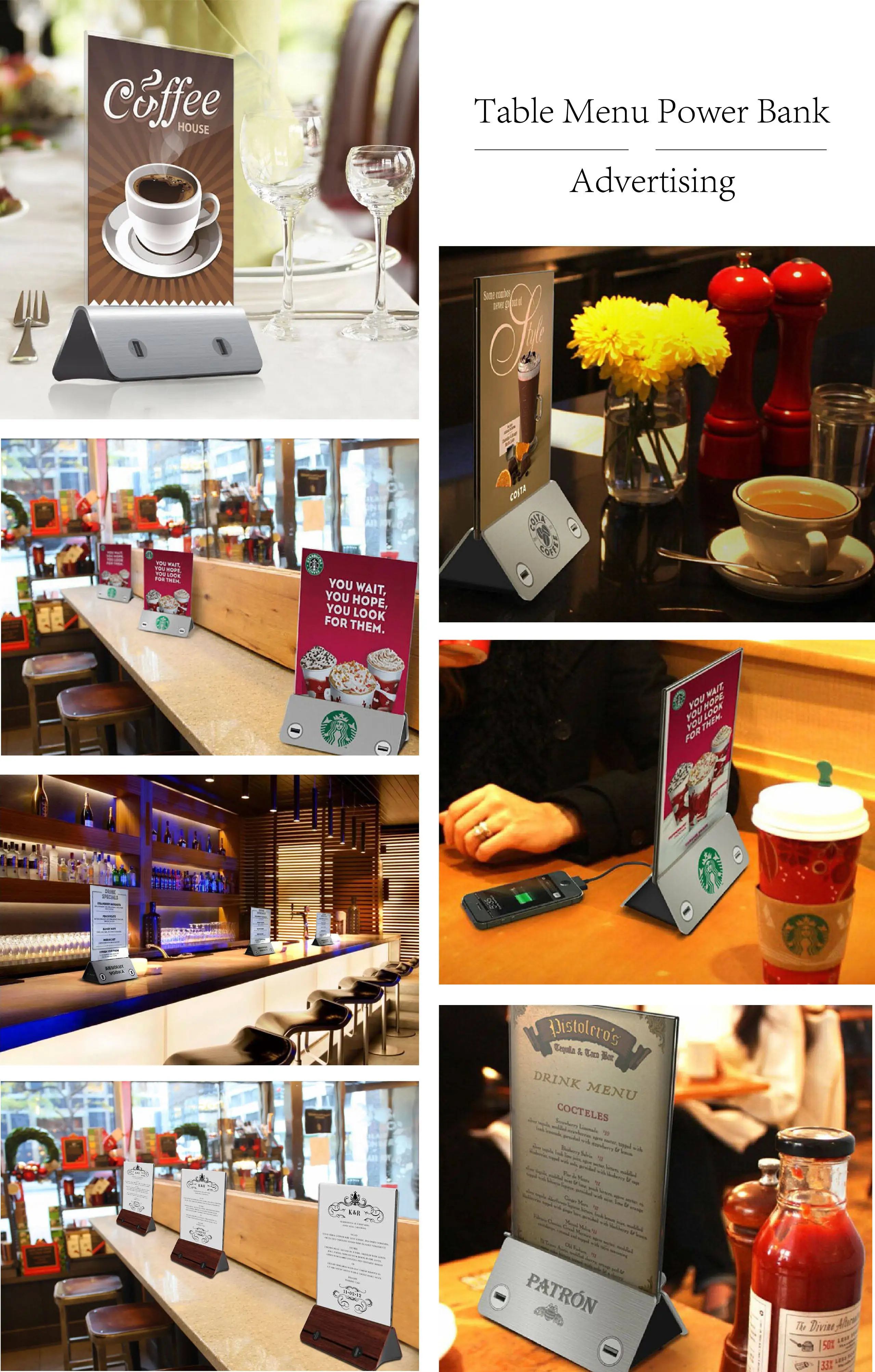 Menu Banco De Potência Em Pé, Suporte De Acrílico, Carregador Do Telefone Inteligente, Universal Restaurante
