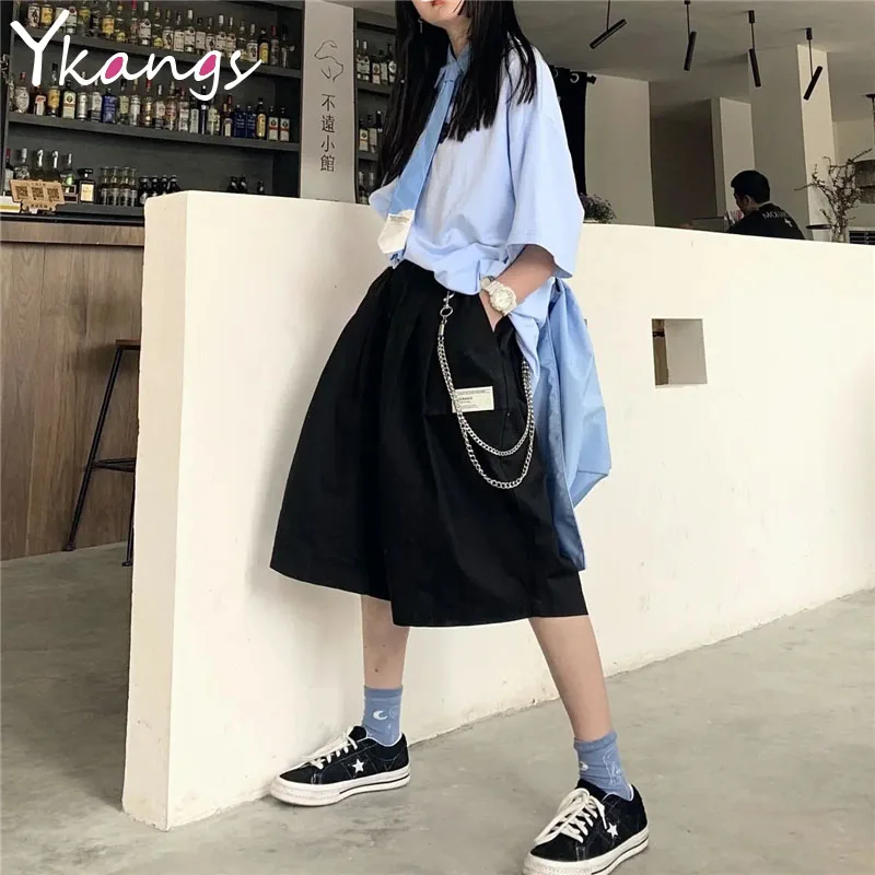 Korean Style with Chain Women's Summer Shorts Vintage Baggy Black High Waist Wide Leg Shorts Casual Streetwear Sport Short Femme