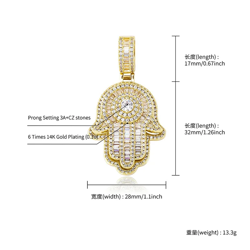 Hip Hop Claw Setting AAA+ Cubic Zirconia Bling Iced Out Double Layers Hand of Fatima Pendants Necklaces for Men Rapper Jewelry