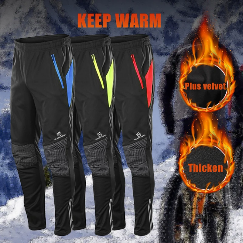 QUESHARK Men Warm Fleece Windproof Waterproof Reflective Cycling Pants Thermal Riding Sports MTB Road Bike Bicycle Trousers