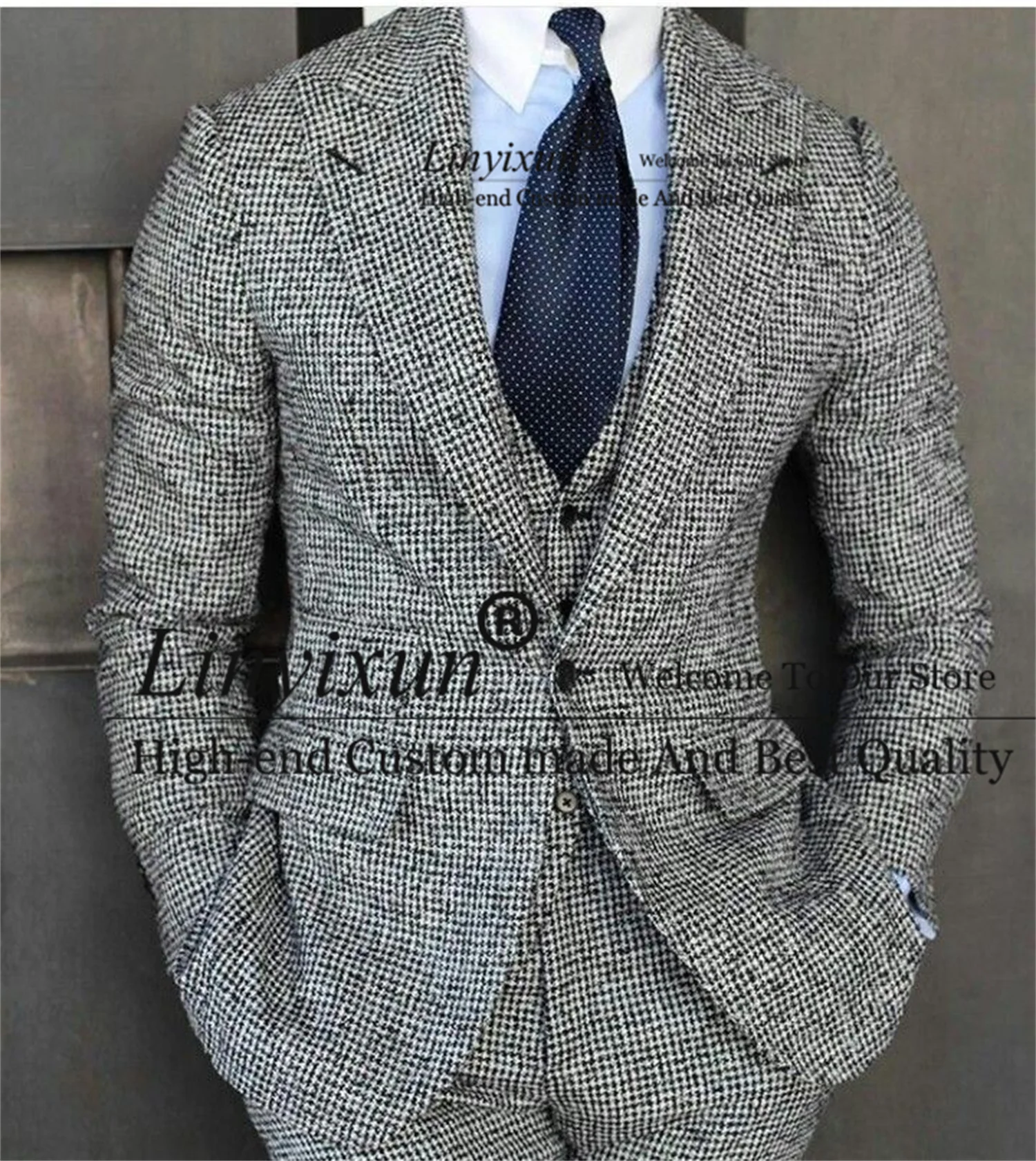 

Grey Winter Tweed Wool Men Suits 3 Pieces Set Ensembles Homme Business Tuxedos Best Man Prom Blazer Pants Outfit Costume Homme