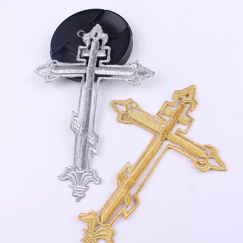 Gold Silver Cross Embroidery Patch Jesus Cross Iron On Patches For Clothing Flower Appliques Craft Decoration Embrodered Badge