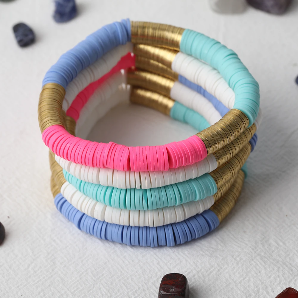 5Pcs 8mm Pink Black White Sky Blue Color Heishi Disc Polymer Clay Beads Elastic String Bracelet Women Bohemia Bracelet Jewelry