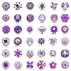 5pcs/lot New Snap Jewelry 18mm Snap Buttons Mixed Crystal Rhinestone Purple Metal Snaps for Snap Button Bracelet