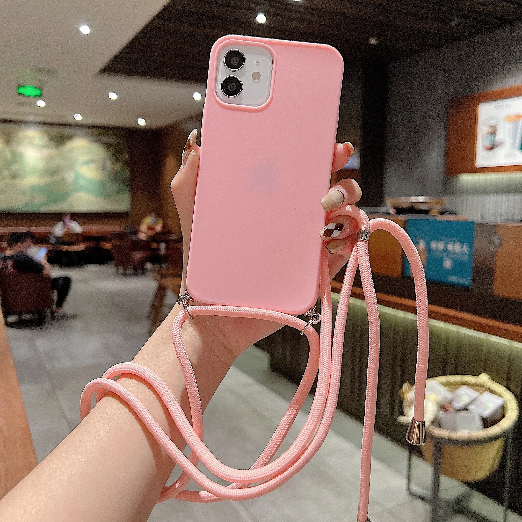 Liquid Silicone Phone Case with Cross Collar Strap, Corded Case for iPhone 13, 12 MiNi, 11 Pro, X, XR, XS Max, 6s, 7, 8 Plus, SE