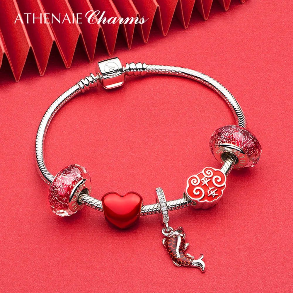 ATHENAIE Chinese Safe and Sound Charms 925 Sterling Silver Red Enamel New Year Bless Beads for Bracelet Birthday Gift