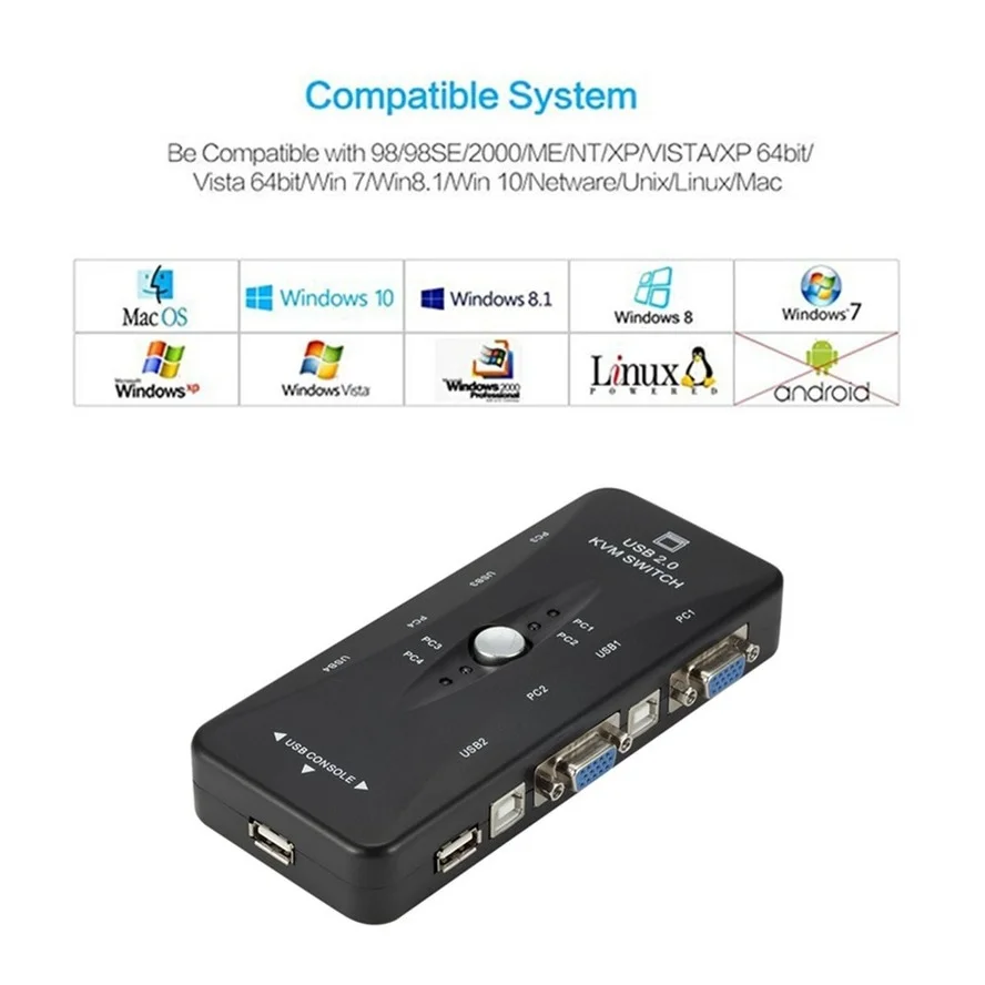 WVVMVV 4-poorts kvm-schakelaar USB 2.0 VGA-splitter Printermuis Toetsenbord Pendrive Share Switcher 1440 * 1920 VGA-schakelkastadapter