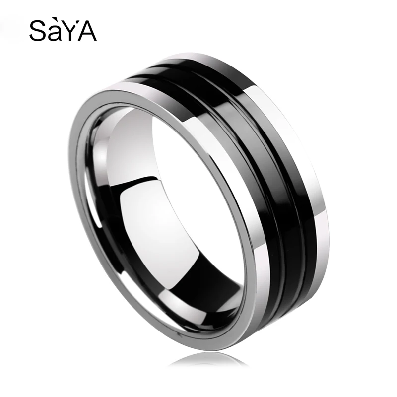 8MM Width High Polished Rings for Men Tungsten Carbide Band for Anniversary Inlay Black Ceramic, Customized