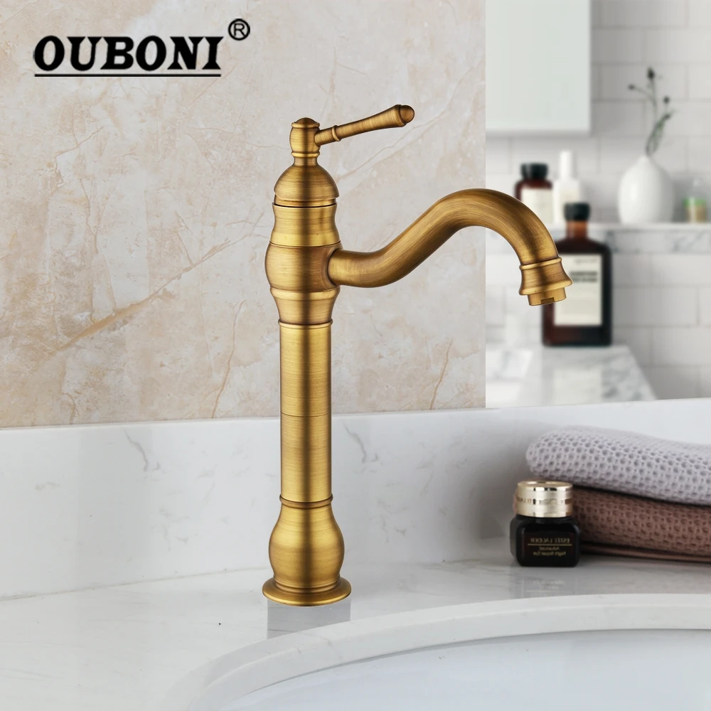 OUBONI Antique Brass Bathroom Basin Sink Mixer Tap Basin Faucet Deck Mounted Waterfall Faucet torneira Washbasin crane