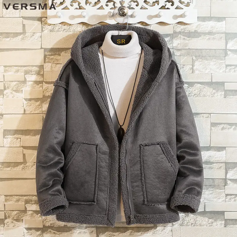 VERSMA Winter Thick Velvet Fur Lamb Wool Jacket Coat Men Parka Japanese Trendy Solid Color Casual Jackets Plus Size Dropshipping