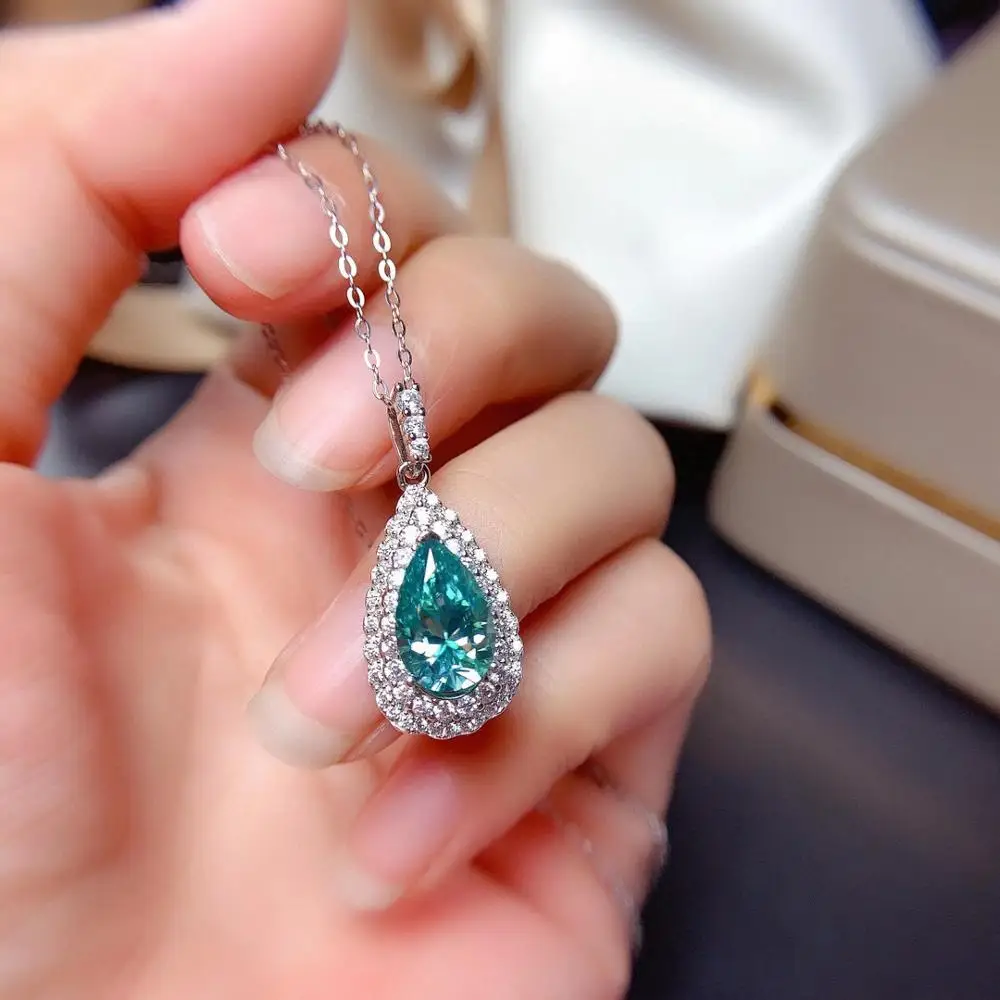 

new Water Drop style shiny green moisanite gemstone necklace women silver necklace jewelry 925 sterling silver birthday gift