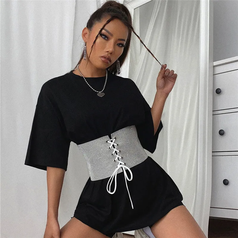 Fashion Kristal Payet Cummerbunds Wanita Berlian Imitasi Sabuk Ikat Pinggang Lebar Wanita Streetwear Renda Korset Waistband