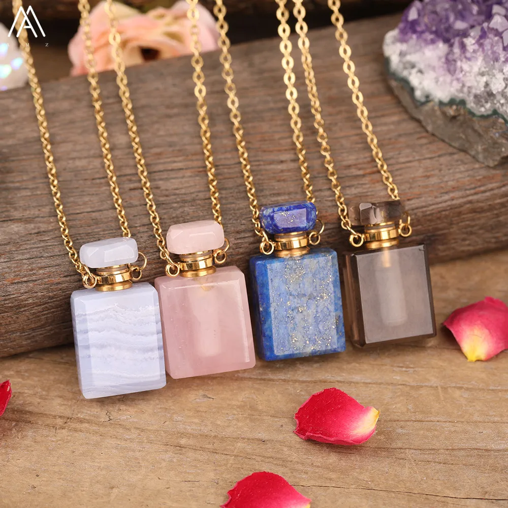 

Natural Stones Perfume Bottle Gold Chains Necklace For Women Square Quartz Crystal Diffuser Vial Healing Necklace Jewelry Gift