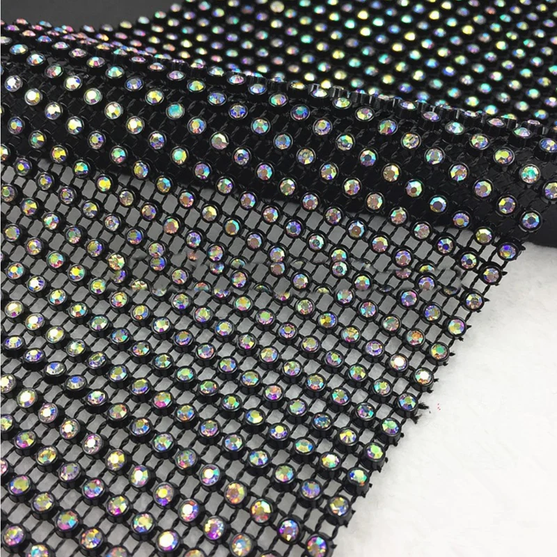 1 yard 24 rows Black Mesh Rhinestones Fabric Glitter Sewing Crystal Glass Trim Non-stretch Applique for Dress Decoration NET Y06