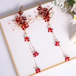 Red Flower Tassel Hairpin Chinese Traditional Style Side Hair Clip Girls Fairy Headdress Wedding Bride Hair Jewelry Wholasale