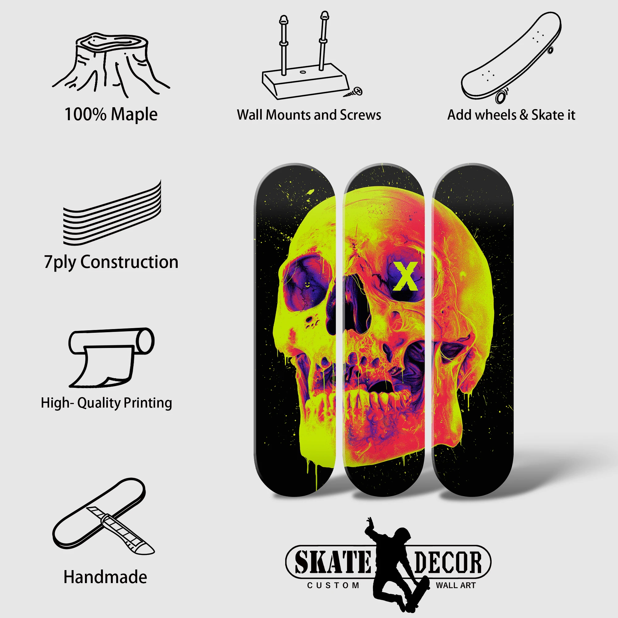 3pcs Skateboard Wall Art Neon Terror Skull Collection Skate Deck Mural Decorative Board for Bar Club Game Room Ornaments view 5