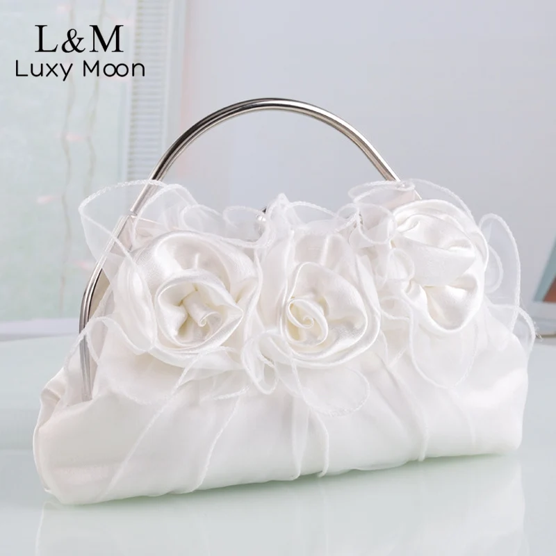 

Designer Satin Purses and Handbags Women Flower Evening Bag Solid Luxury White Floral Bags Bride Day Clutches Dinner Bag X20R