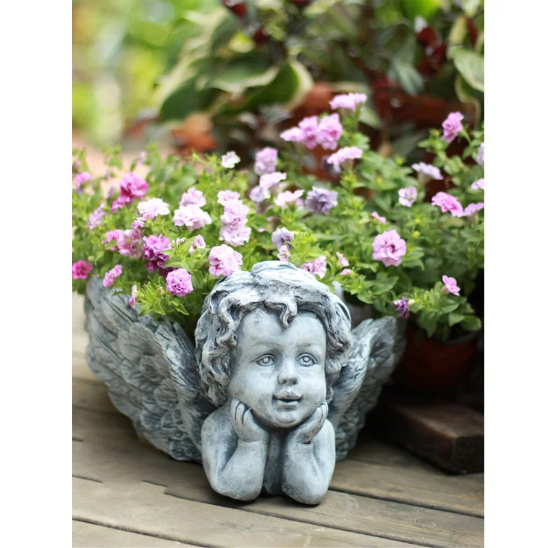 Pastoral Cement Angel Big Wings Flower Pot Ornaments Outdoor Garden Furnishing Crafts Courtyard Park Statue Figurines Decoration