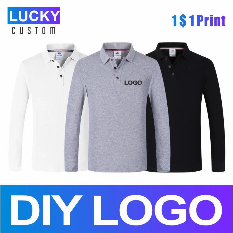 Men\'s 100% Combed Cotton Long Sleeve Polo Bulk Custom Printing Printed Embroidery Logo Comfortable Solid Color Shirt