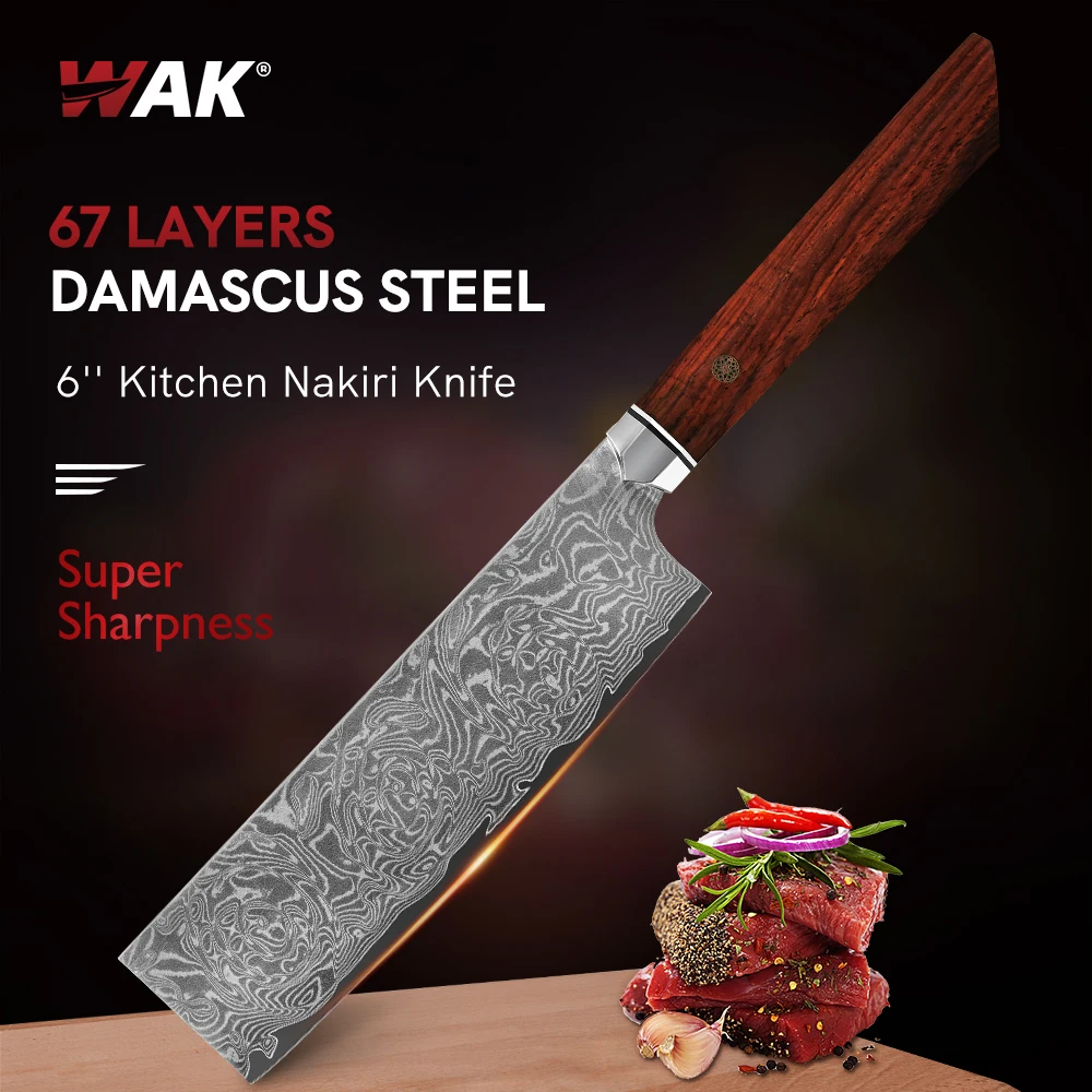 WAK 6'' Nakiri Knives 67 Layers Damascus Stainless Steel Golden Rosewood Handle ECO Friendly Kitchen Knife Chef Cooking Tools