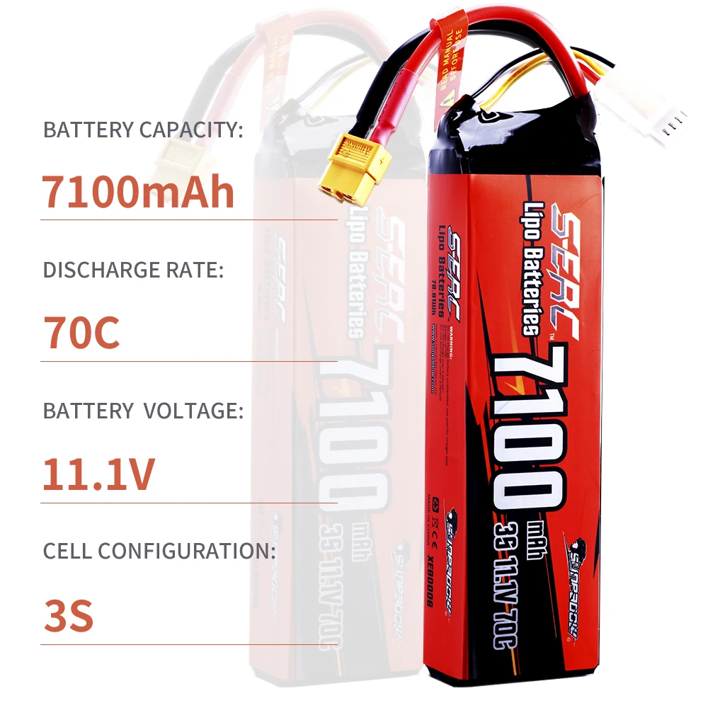 Sunpadow 3S 11.1V Lipo Battery 7100mAh 70C Soft Pack with XT60 Connector for RC Model Vehicle Car Truck Tank Buggy Racing Hobby