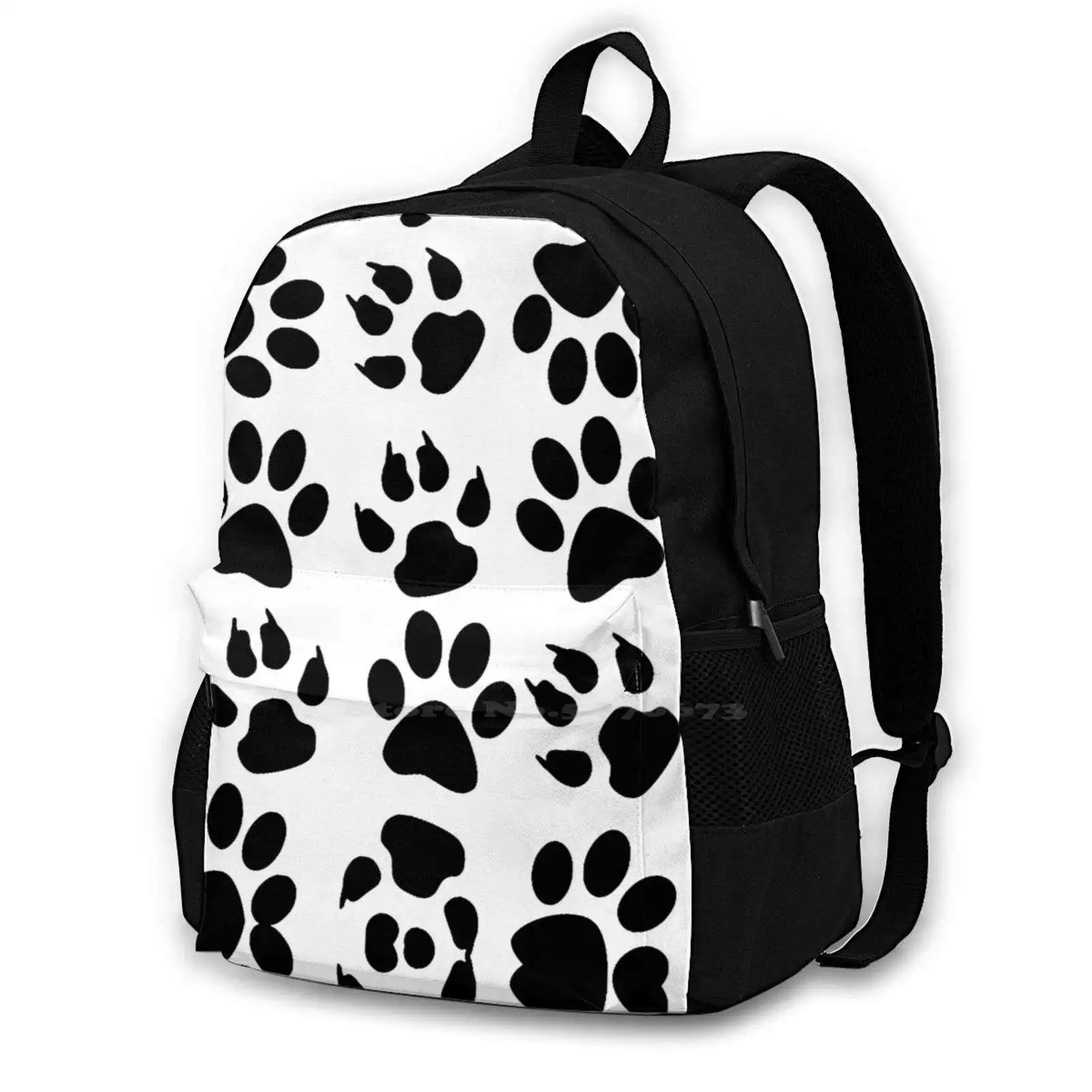 White On Black Puppy Paw Prints School Bags Travel Laptop Backpack Doodles Pattern Shape Symbol Sexy Cute Psychedelic Abstract