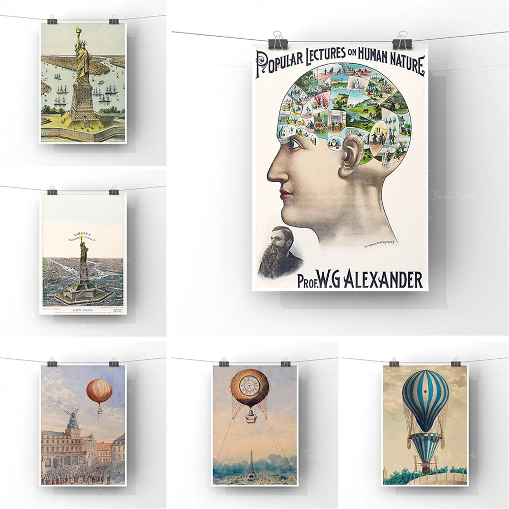 Blue Victorian Hot Air Balloon Print | Sheep and Bird as the First Balloon Poster | CLIPARTO Frameless Victoria Book Page Print