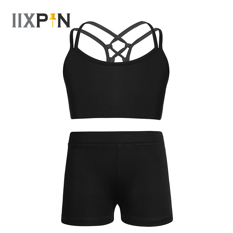 

Kids Girls Ballet Dance Costume Outfit Tank Bra Tops Crop Top With Shorts Activewear Dancewear Ballet Stage Performance Costume