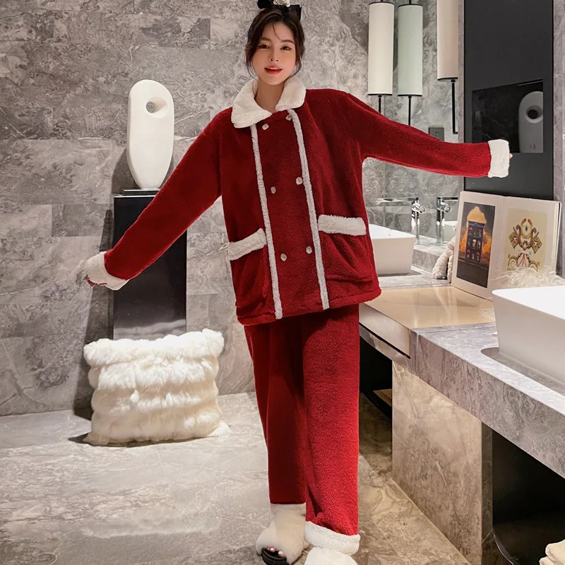 Autumn Winter Pajamas Suit Women Thick Sleepwear Winter Warm Home Clothes Two-pieces Set Button-down Nightwear Flannel Lingerie