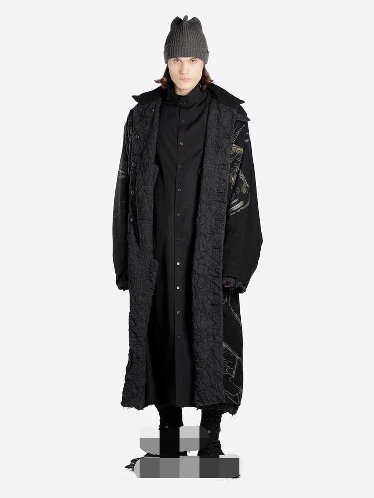 Men's new hairstylist fashion catwalk show shirt with standing collar dark large size casual loose large size long shirt