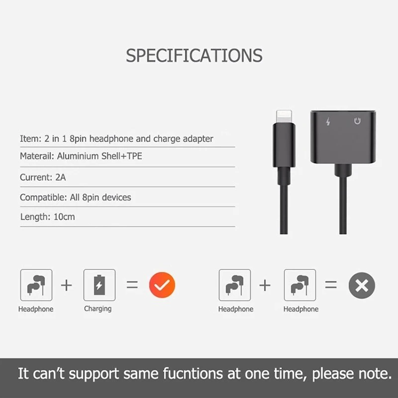 Adaptador Jack para iPhone Phone, Audio Splitter, Headphone Audio Charging, 3.5mm e mm, em Número, 1 Entrada e 2 Saída