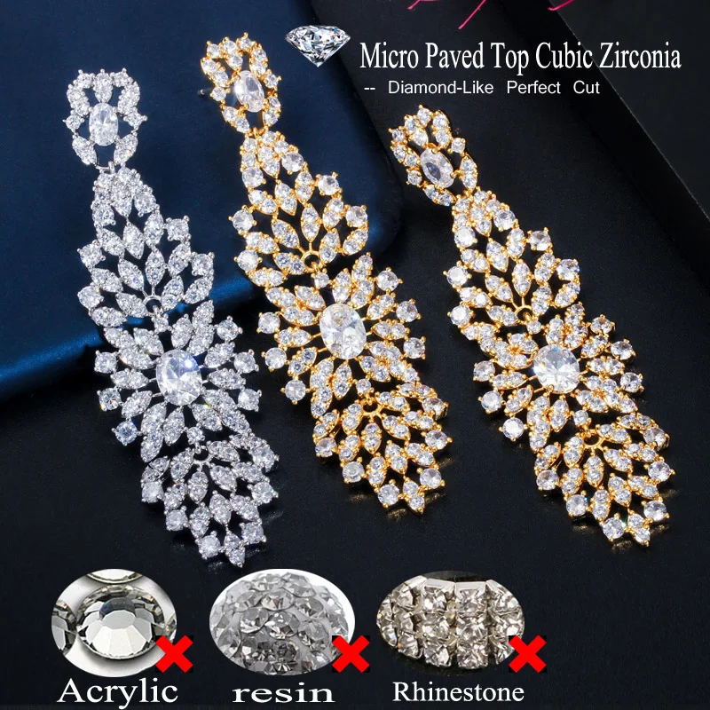 CWWZircons American European Women CZ Wedding Prom Jewelry White Cubic Zirconia Long Dangling Earrings for Brides Party CZ655