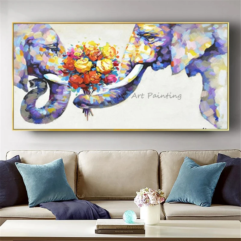 100% Handpainted Animal Oil Painting Abstract On Canvas Modern Home Decor Flower Wall Picture Elephant Drawing For Family Love