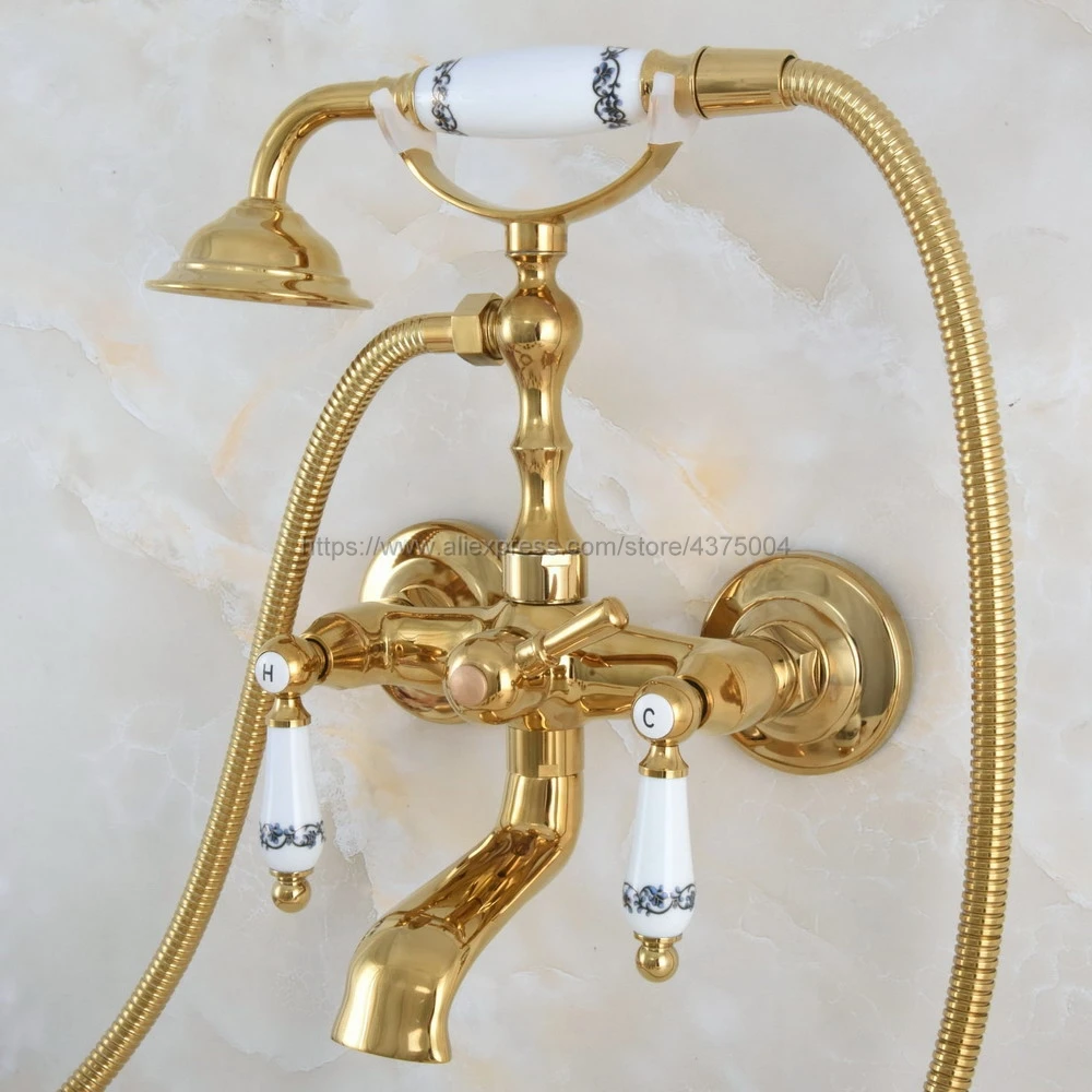 

Gold Color Brass Bathroom Bathtub Mixer Faucet Telephone Style With Brass Handshower Bath & Shower Faucets Nna862