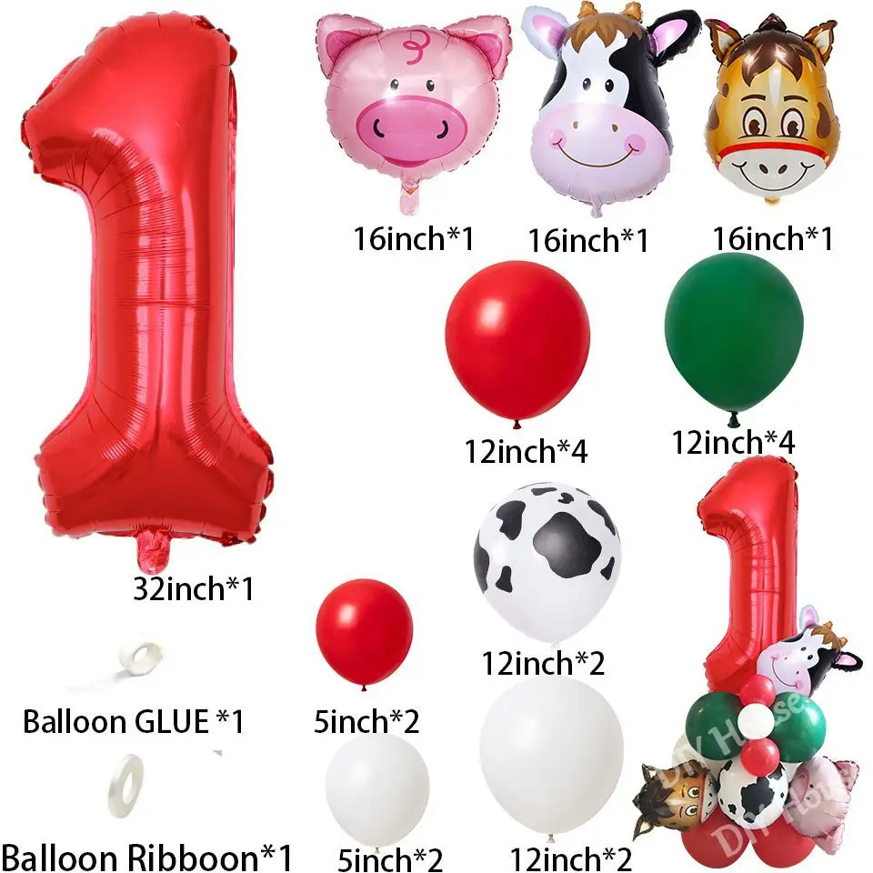 1SET Farm Animal Theme Cow/Pig Balloons Tower Set 1-9inch Red Balloon Kids Happy Birthday Party Decoration Farm Party Supply