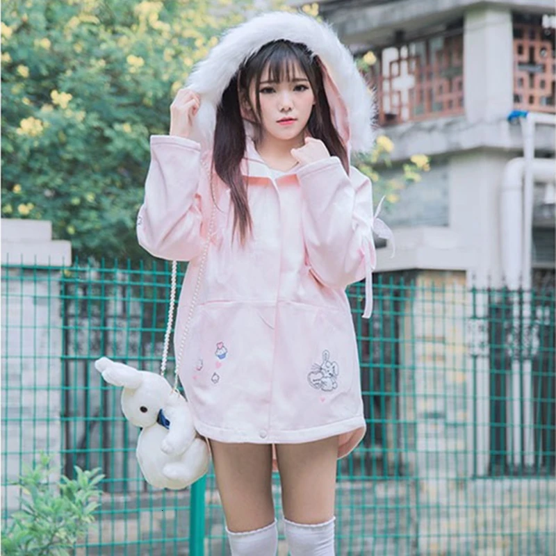 

Winter Sweet Harajuku Pink Trench Coat Bunny Print Hooded Jackets Kawaii Cute Warm Windbreaker Young Girl Fur Collar Outwear