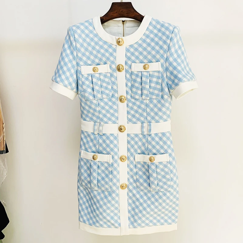 HIGH STREET Newest Fashion 2024 Fall Winter Designer Women\'s Short Sleeve Lion Buttons Color Block Plaid Tweed Dress