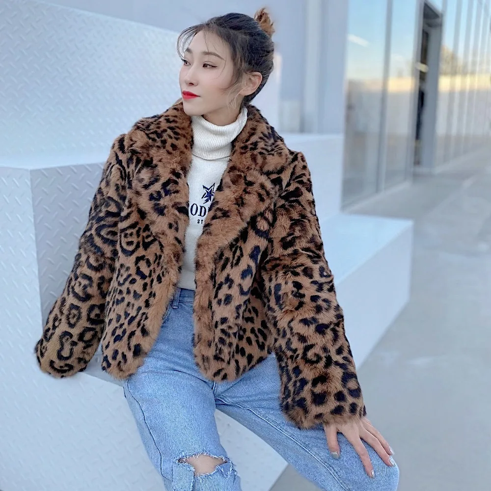 2021Winter Women Real Rex Rabbit Fur Coats  Fashion Short Leopard Overcoat Simple Warm Ladies Outerwear Luxurious Street New